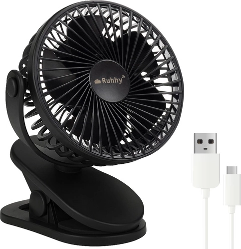 Ruhhy cordless desk fan with clip, black, USB‑C 1200 mAh