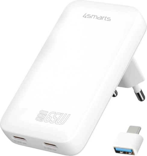 Мрежово зарядно 4smarts FlatPlug 65W GaN, 2× USB‑C, бяло