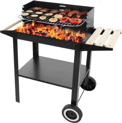 Garden charcoal grill on wheels with accessories