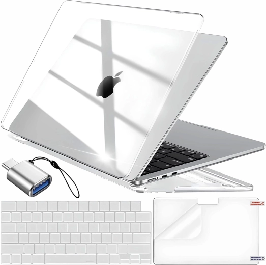 Renew Force прозрачен защитен калъф за MacBook Air 13,6" (M2 2022 / M3 2024 / M4 2025) с протектор за клавиатура, фолио за дисплея и адаптер USB‑C към USB 3.0 - 1 брой