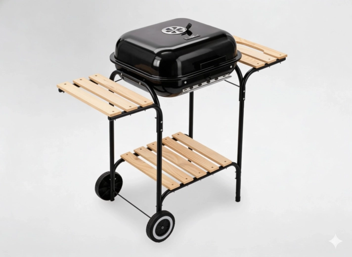 Charcoal grill with side shelves and wheels 97.5 × 49 × 82.5 cm