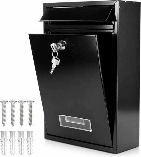 Steel mailbox with key lock, black with nameplate window