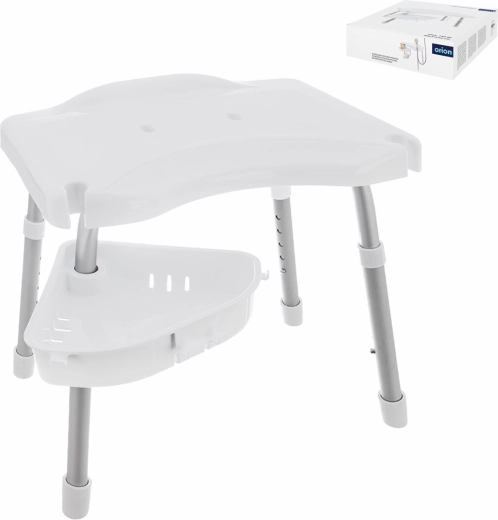 Adjustable shower stool with side shelf
