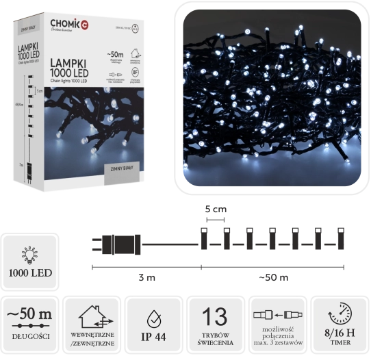 LED коледен светещ гирлянд 1000 LED, студено бяла, 53 м (50 м + 3 м)