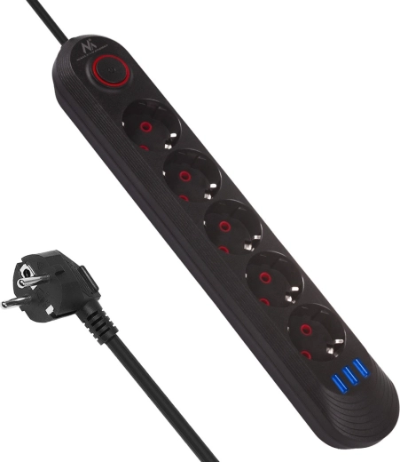 Удължител със защита от пренапрежение с 5 контакта и 3× USB, 2500 W, черен