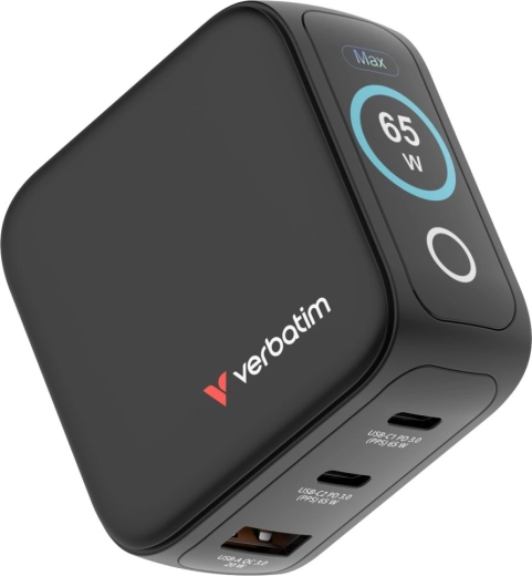 Verbatim mini GaN charger 65 W with TFT display, 2× USB‑C and 1× USB‑A, EU/UK/USA