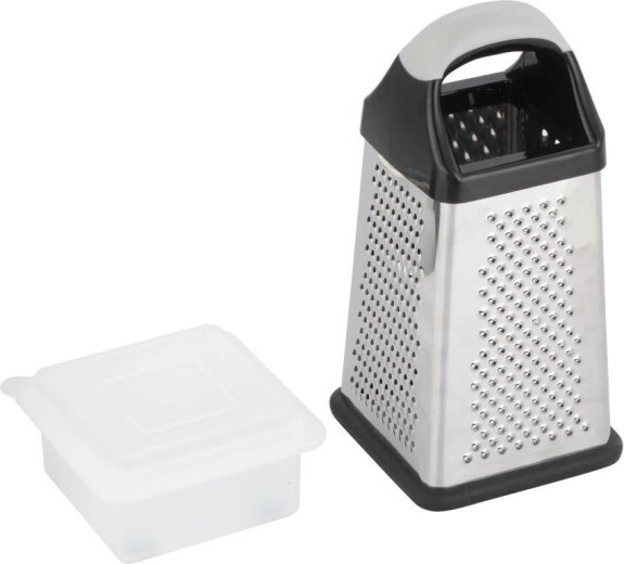 Stainless steel four-sided grater with plastic handle and container
