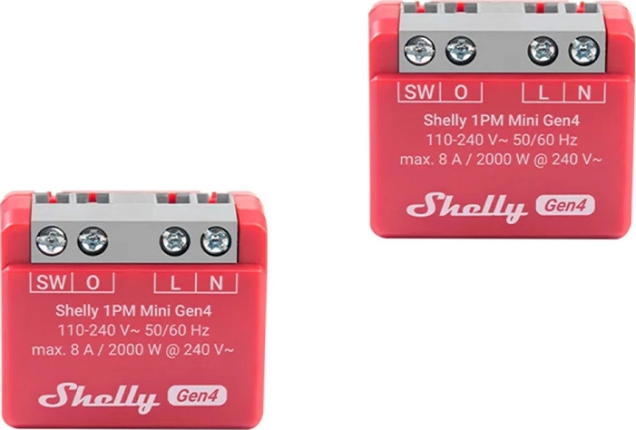 Shelly 1PM Mini Gen4 – комплект 2 бр. смарт релета с измерване на консумацията (Wi‑Fi/Zigbee/Bluetooth, Matter)