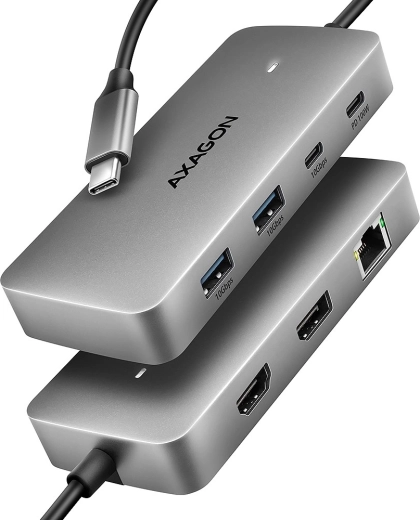 Axagon hmc-cub83x2 usb-c хъб 7в1, 10 gbps, hdmi 4k/144 hz, dp 8k/30 hz, glan, pd 100 w