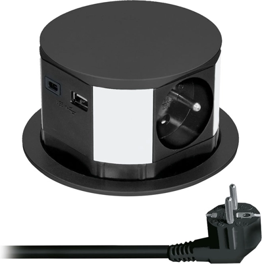 Solight retractable power socket module with 3 sockets and USB charging, black