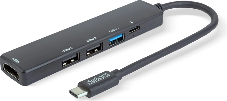 Мултифункционален USB-C хъб с HDMI, 3× USB-A и USB-C, 100 W, черен
