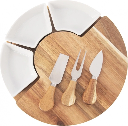 Rotating acacia cheese serving board with 3 bowls and 3 knives, 7-piece set