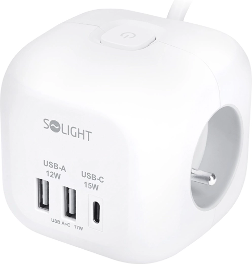 Разклонител Solight във формата на куб с 3 контакта + USB-A и USB-C, кабел 2 м, бял