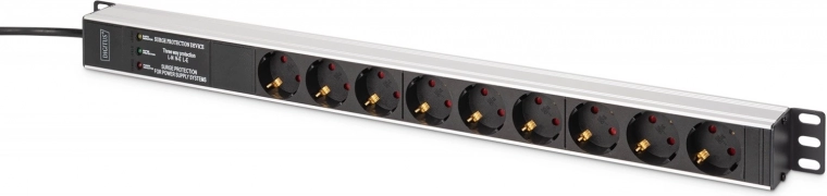 Захранващ разклонител за рак DIGITUS PDU 9× Schuko с пренапреженова защита и EMI/RFI филтър, 620 mm