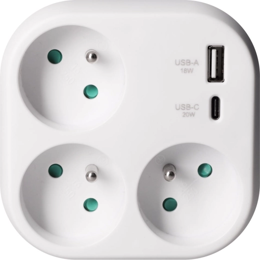 Solight power splitter adapter with 3 sockets and 20 W PD USB fast charging, white