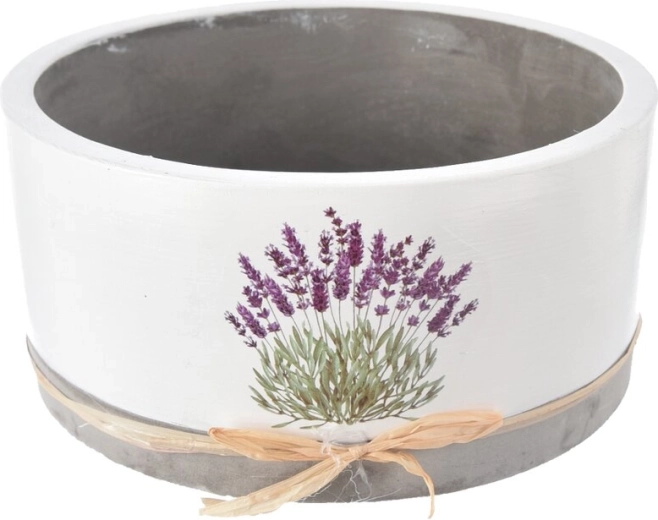 White concrete planter with lavender motif 18 × 18 × 9 cm