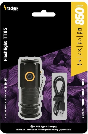 Technik TT85 Pocket Flashlight, 850 lm, 3× LED P35, USB‑C, magnetic base