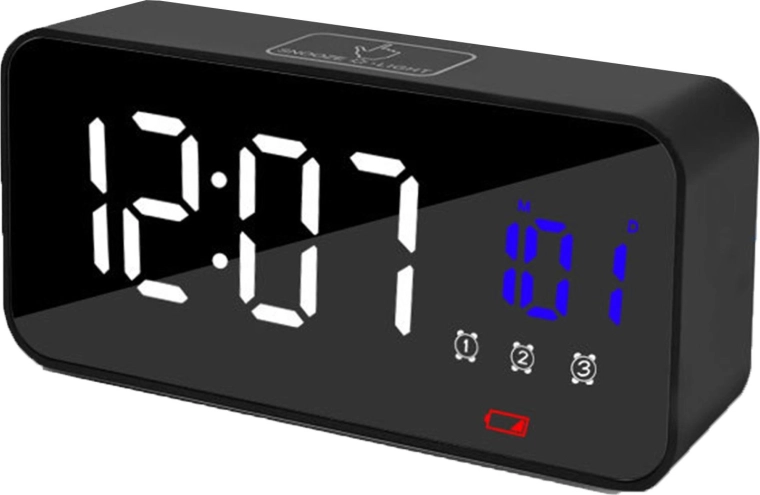 Electronic LED alarm clock with mirror display