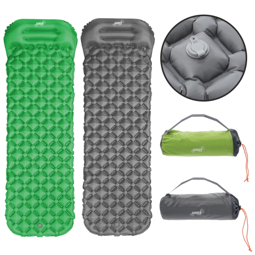 Inflatable camping sleeping pad with pillow 190 × 56 × 5.5 cm, gray/green