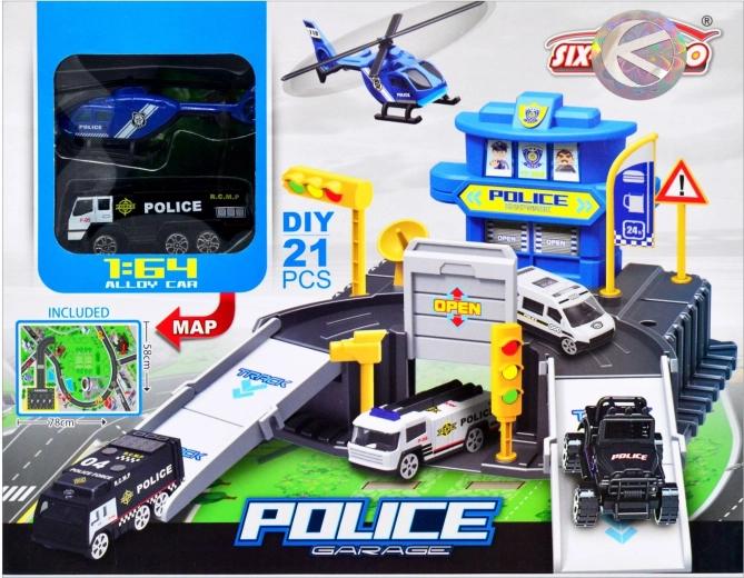 Police parking lot with a set of car and helicopter