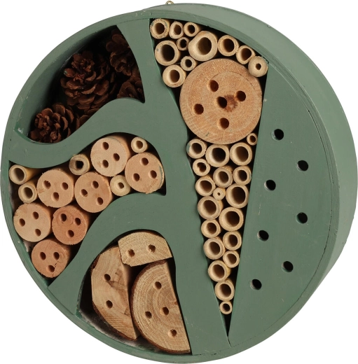 Wooden insect hotel, diameter 25 cm, gray/green