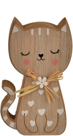 Wooden cat decoration with hearts, brown-white, 15 cm