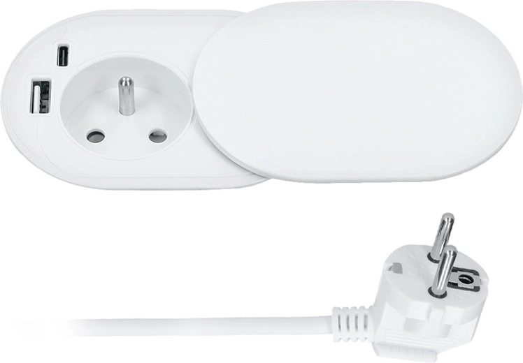 Solight вградим контакт 230 V с USB-A и USB-C (20 W PD), плъзгащ се капак, 2 m, матово бял