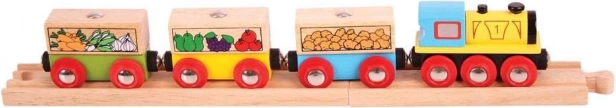 Товарен влак Bigjigs Rail със зеленчуци и релси