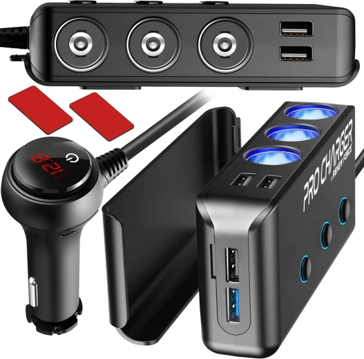 Car Cigarette Lighter Socket Splitter with 3 Sockets and 4 USB Ports