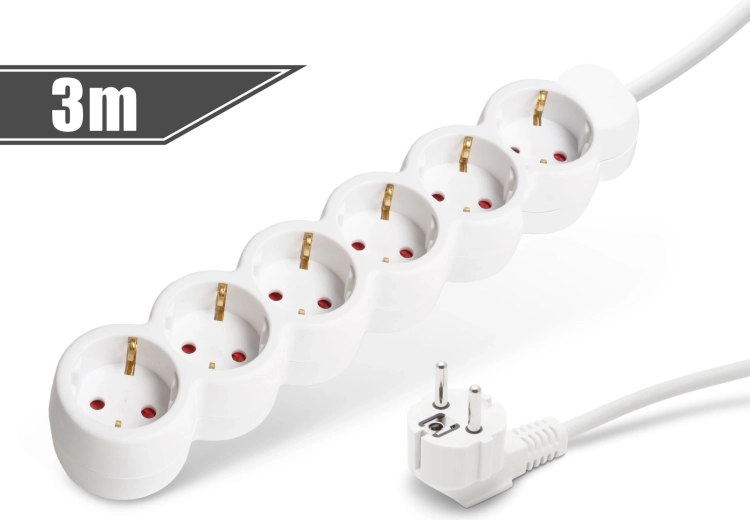 White extension cord with 6 sockets, 3 m