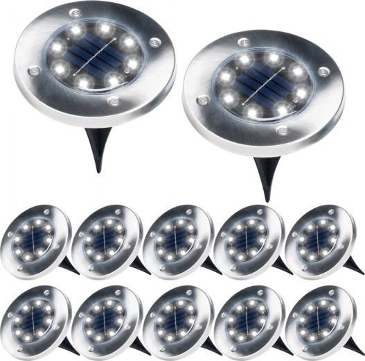 Solar recessed LED garden lights, stainless steel, 12 pcs, diameter 11.5 cm