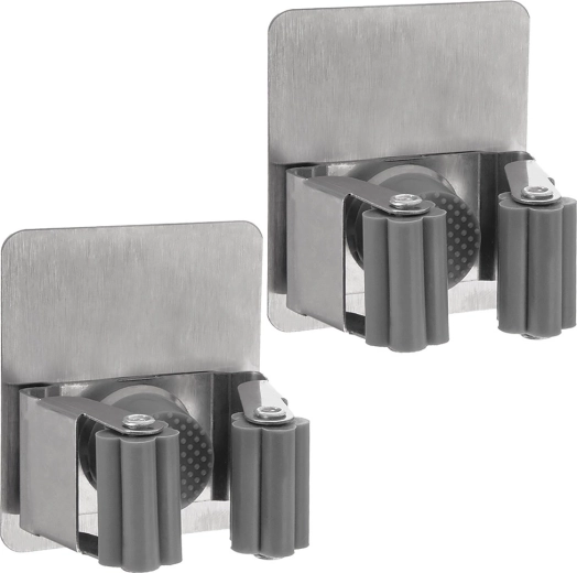 Self-adhesive stainless steel holders for mops and brooms, set of 2