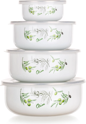 Set of Enamel Bowls with Lids OLIVES, 4 pcs (10–18 cm)