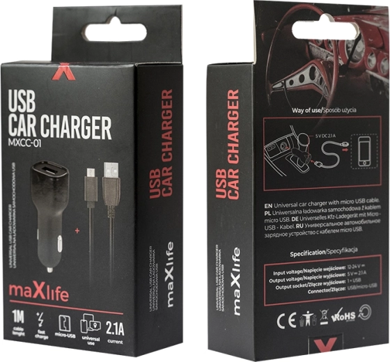 Maxlife автомобилно зарядно 2,1 A с microUSB, черно