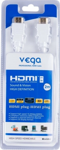 Vega HDMI cable 3D, gold‑plated connectors, 2 m, white
