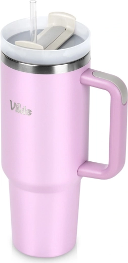 Pink stainless steel thermal mug with handle 1.2 l