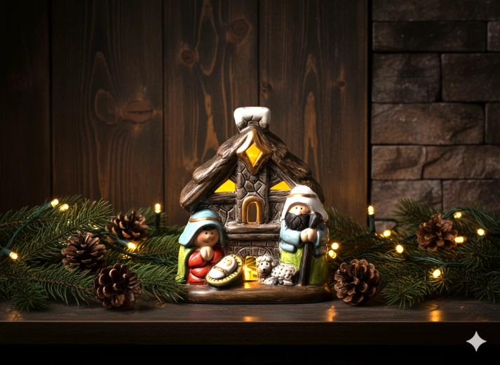 Christmas nativity in a little house with LED lighting 12 cm - 1 piece