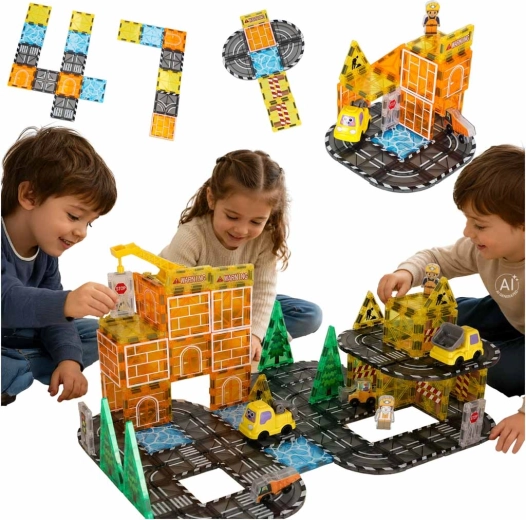 Magnetic 3D Building Blocks – Construction Site & Construction Vehicles (92 pieces)