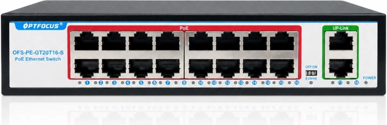 RENEW FORCE Gigabit PoE switch with 16 PoE ports and 2 uplink ports