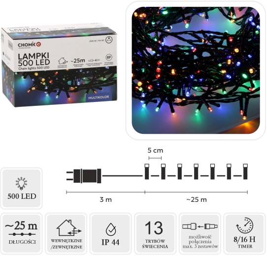 LED светлинен гирлянд 500 многоцветни диода 28 м (25 м светеща част) за вътрешна и външна употреба - 1 бр.