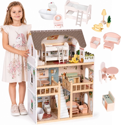 Ecotoys wooden dollhouse Laura with 3 floors and 15 pieces of furniture