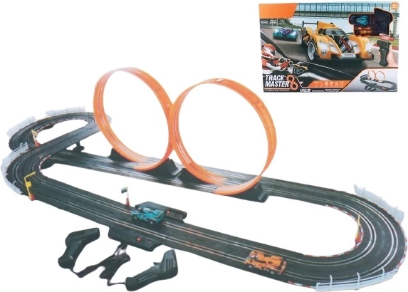 Racing slot car track with two loops