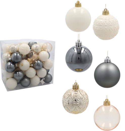 Set of Christmas Balls 6 cm – Champagne, Gray and White (66 pcs)