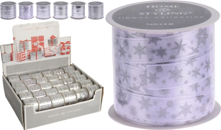Decorative polyester ribbon 5 m × 1 cm silver mix