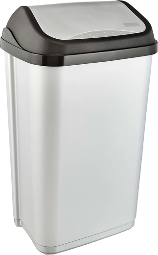 Plastic trash can Keeeper 50 L with swing lid, light gray
