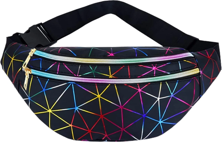 Unisex fanny pack with holographic geometric pattern, 3 pockets, adjustable strap