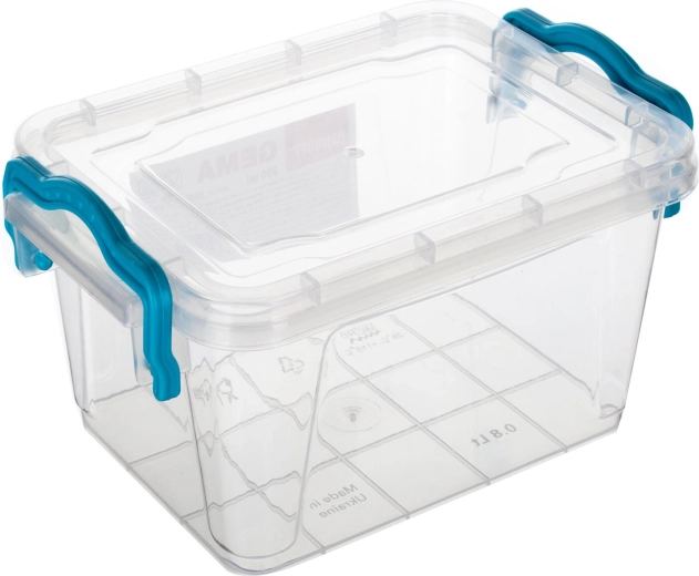 Gema storage box 0.8 l with lid and clips, transparent/turquoise