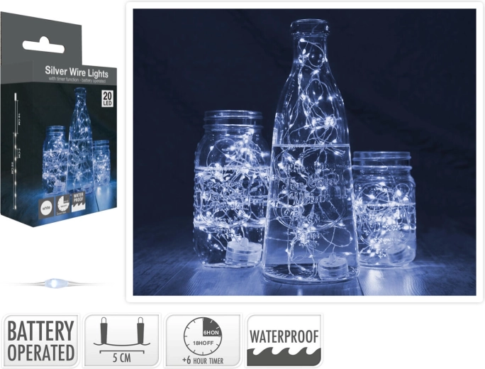 String Lights 1.3 m, 20 LED, Cool White, Waterproof with Timer