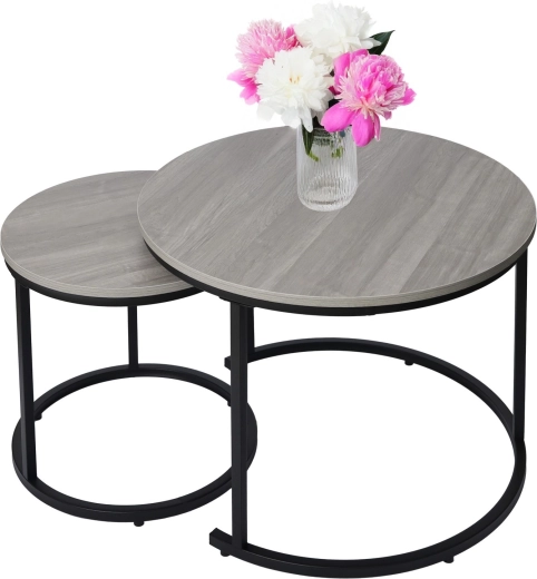Set of round 2-in-1 coffee tables in industrial loft style, light grey