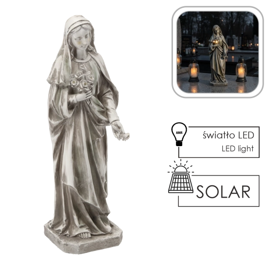 Соларна фигура на Дева Мария със светещ LED букет, бежова, 51 см